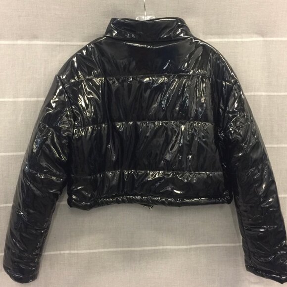 NEW!  BLACK CROPPED PUFFER JACKET SHINY, Large - Picture 3 of 3